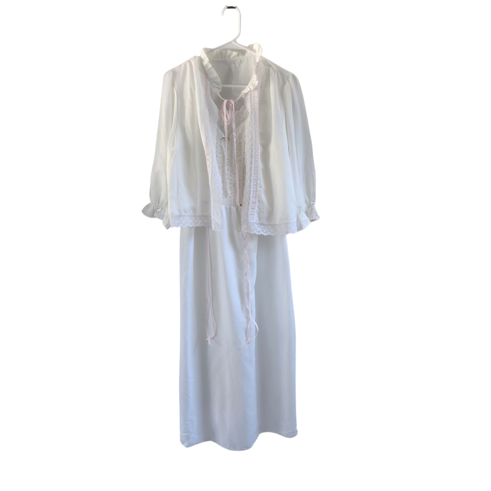 Vintage Gilead Off White Cream Silky 2 Piece Night Gown Jacket Peignoir M L NWT